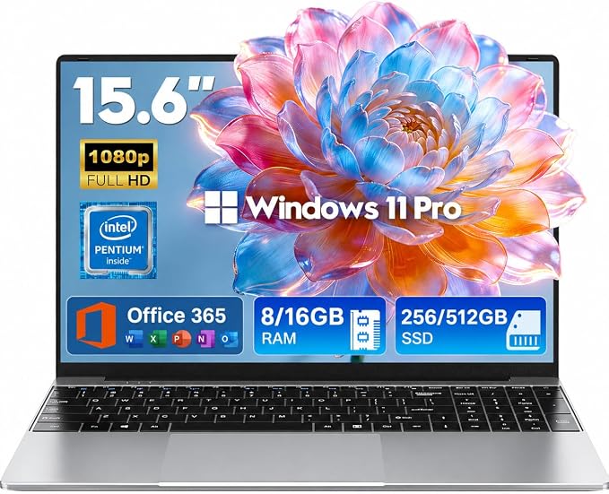 2026 Laptops Computer,15.6″ Windows 11 Pro Laptop with Office 365 included,16GB RAM 512GB SSD,Intel Pentium Process,6H Battery,Mini HDMI,cam|Mic,Portable Thin Lap Top for College Student Business Work